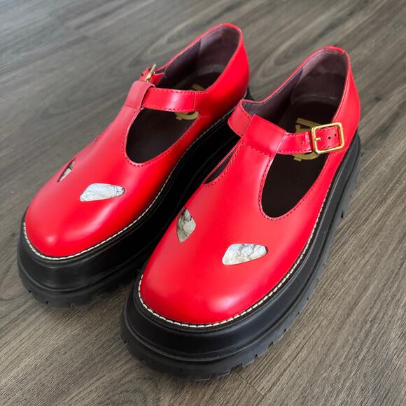 Burberry Aldwych Red Leather T-Bar Platform Flats 37.5 Black Chunky Mary Jane - Picture 2 of 7